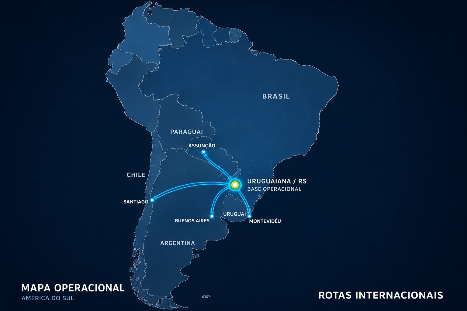 Mapa operacional das rotas Mercocargas entre Uruguaiana, Assunção, Santiago, Buenos Aires e Montevidéu