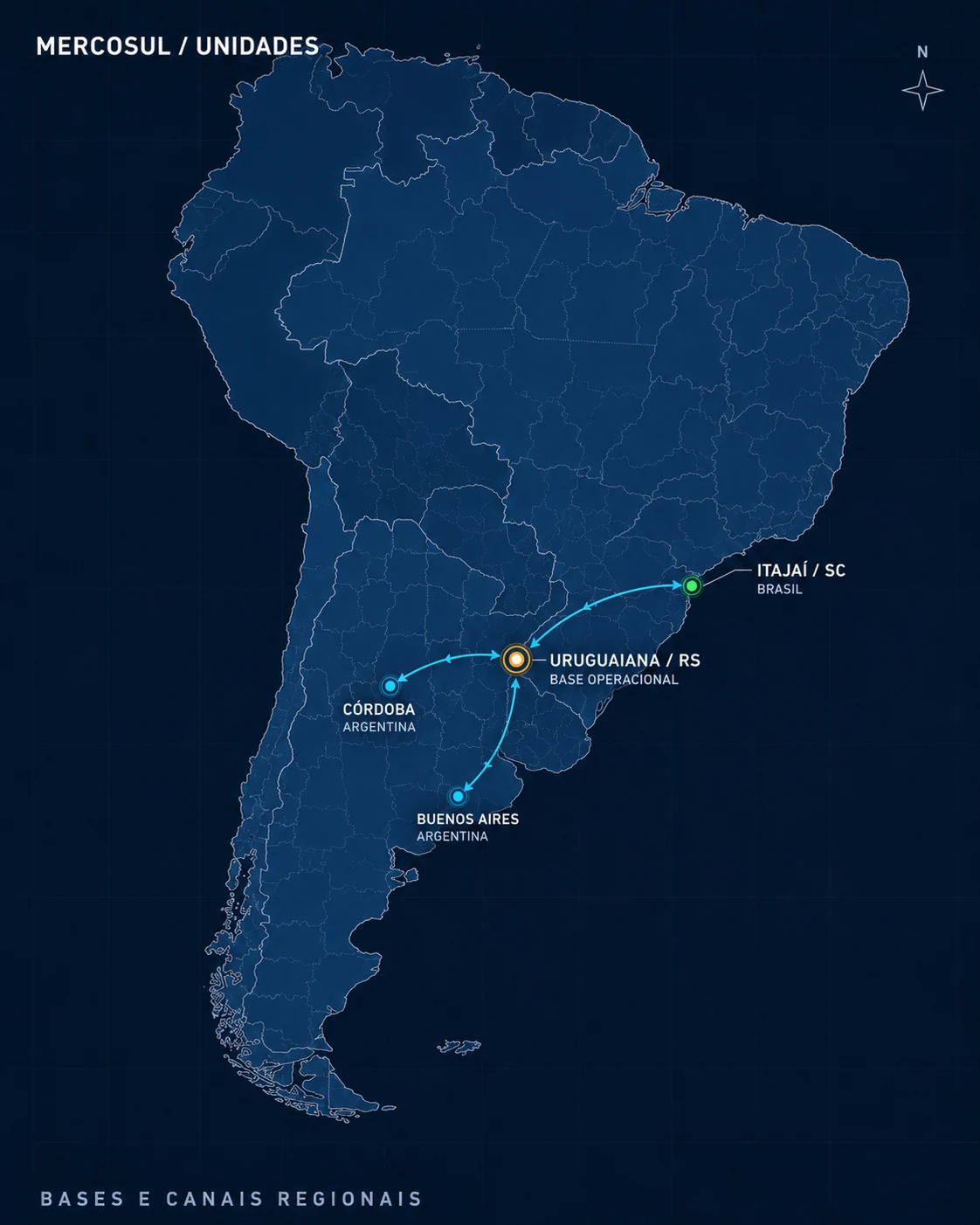 Mapa das bases e canais regionais da Mercocargas em Itajaí, Uruguaiana, Córdoba e Buenos Aires